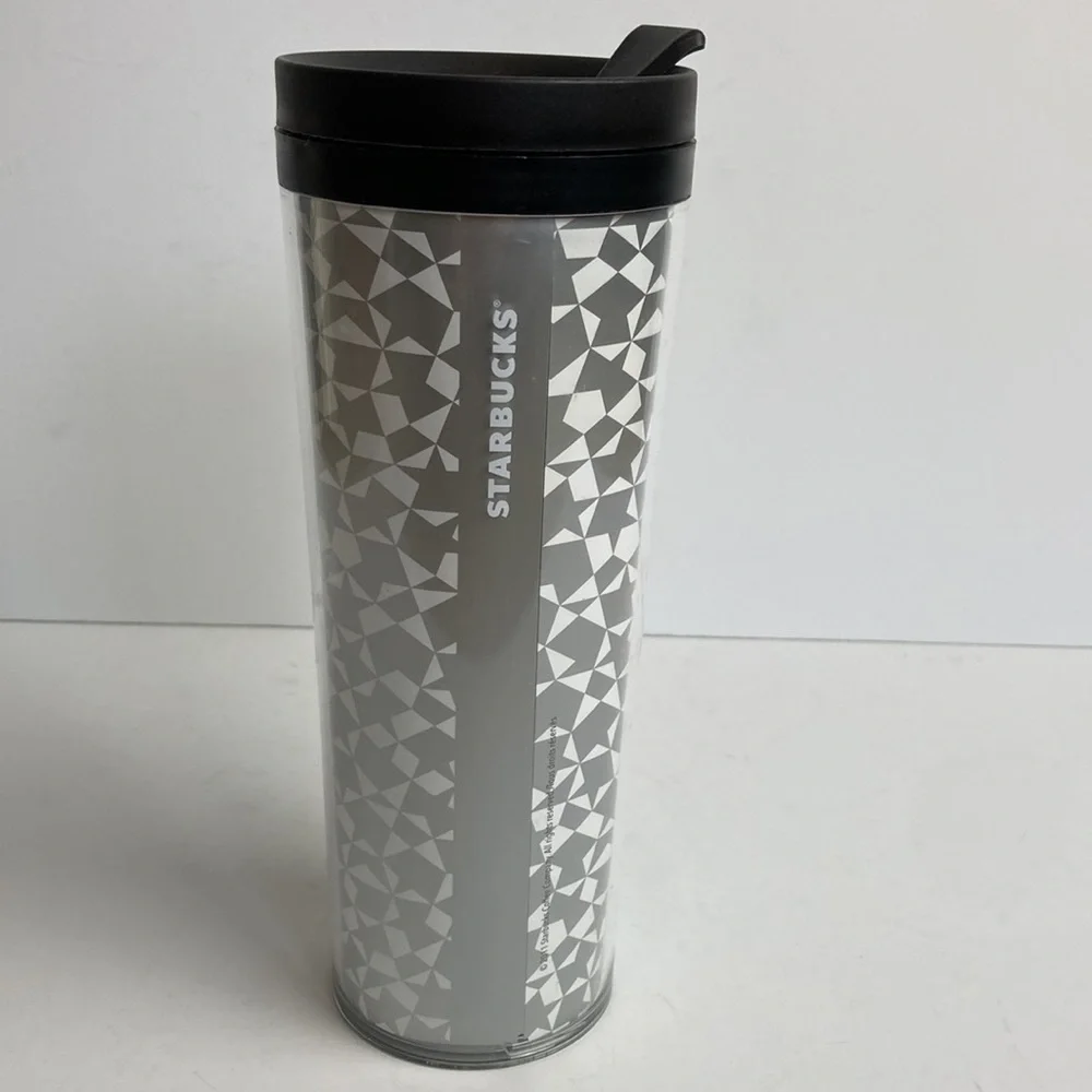 Starbucks Tumbler Silver White Geometric 16oz Holiday Christmas New Years Travel